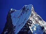 
Machapuchare close up at the head of the Modi Khola valley in the morning light.
